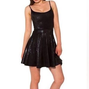 BlackMilk Skater Dress Women M Black Textured Grid Shiny Spaghetti Strap New